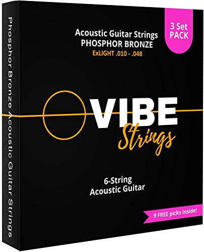 VIBE Strings Acoustic Guitar Strings Extra Light   010  048   Phosphor Bronze  Pack of 3 Sets
