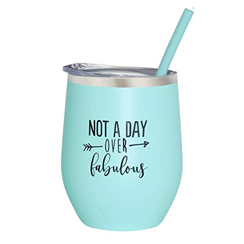 Not A Day Over Fabulous | Birthday Wine Glass | 12 oz Mint Stainless Steel Vacuum Insulated Wine Tumbler with Lid and Straw (ENGRAVED) | Perfect Birthday Gift for Her | Christmas Gift Stocking Stuffer