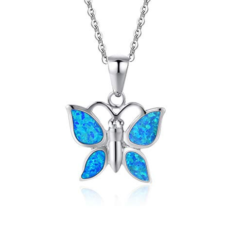 Fancime October Birthstone 925 Sterling Silver Butterfly Pendant Necklace Blue Created Opal Danity Jewelry For Women Girls 18