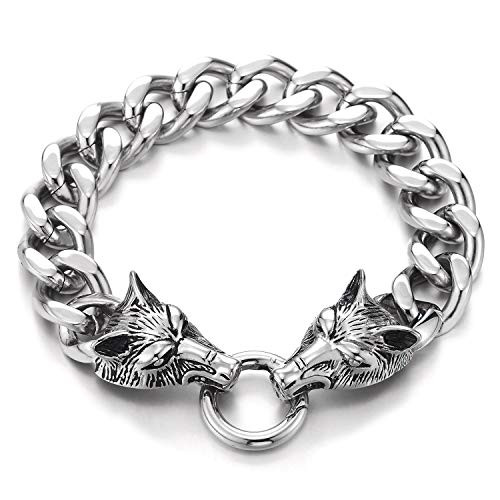 COOLSTEELANDBEYOND Biker Punk Rock Mens Stainless Steel Wolf Head Curb Chain Bracelet with Spring Ring Clasp 9 Inches COOLSTEELANDBEYOND Biker Punk Rock Mens Stainless Steel Wolf Head Curb Chain Bracelet with Spring Ring Clasp 9 Inches