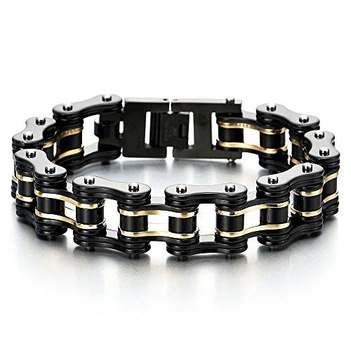 COOLSTEELANDBEYOND Masculine Mens Bike Chain Bicycle Bracelet of Stainless Steel Black Gold Two Tone High Polished COOLSTEELANDBEYOND Masculine Mens Bike Chain Bicycle Bracelet of Stainless Steel Black Gold Two Tone High Polished