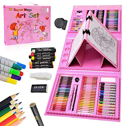 208 Pcs Art Set for Girls Kids Double Sided Trifold Easel Drawing Art Kits with Oil Pastels  Crayons  Colored Pencils  Markers  Paint Brush Watercolor Cakes  Sketch Pad