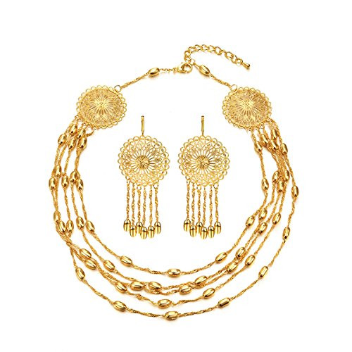 FOCALOOK Indian Jewelry for Women  Dubai 18K Gold Plated African Nigerian Beads Party Costume Show Choker Necklace Earrings Set Box