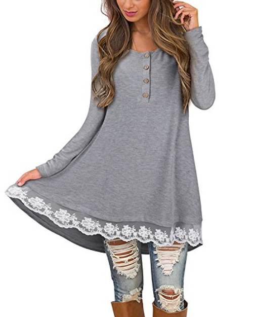 STYLEWORD Women s Long Sleeve Round Neck Lace Tunic Top Button Up Henley Shirts Casual Blouse Dress for Leggings Gray XXL STYLEWORD Women s Long Sleeve Round Neck Lace Tunic Top Button Up Henley Shirts Casual Blouse Dress for Leggings Gray XXL