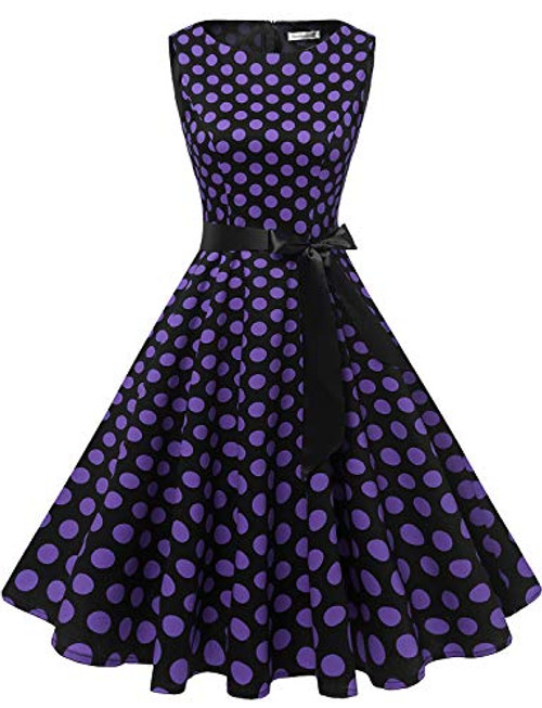 Gardenwed Women s Audrey Hepburn Rockabilly Vintage Dress 1950s Retro Cocktail Swing Party Dress Black Purple Dot M Gardenwed Women s Audrey Hepburn Rockabilly Vintage Dress 1950s Retro Cocktail Swing Party Dress Black Purple Dot M