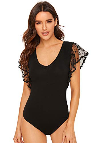 Verdusa Women s Contrast Mesh Flutter Short Sleeve V Neck Leotard Bodysuit Black S