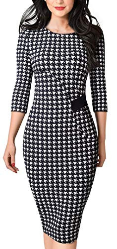 HOMEYEE Women s 3 4 Sleeve Patchwork Business Church Dress B543 4 Houndstooth