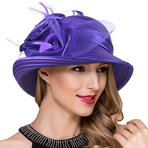 Women Kentucky Derby Church Dress Cloche Hat Fascinator Floral Tea Party Wedding Bucket Hat S052  S608 Purple