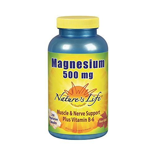 Natures Life Magnesium Capsules  500mg   High Potency Magnesium Supplement Plus Vitamin B 6 for Muscles   Nerves Support   250 Count