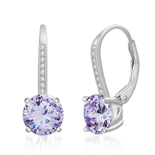 LESA MICHELE Rhodium Plated Sterling Silver Round Light Purple Simulated Alexandrite   Cubic Zirconia Drop Leverback Earrings for Women  Imitation June Birthstone
