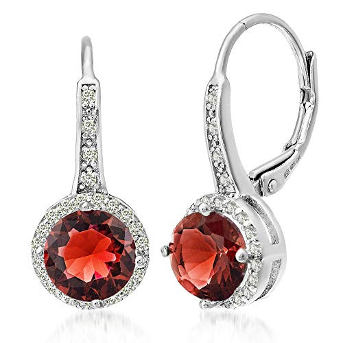 MIA SARINE Rhodium Plated Sterling Silver Simulated Ruby and Cubic Zirconia Halo Leverback Dangle Bridal Earrings for Women for  Red