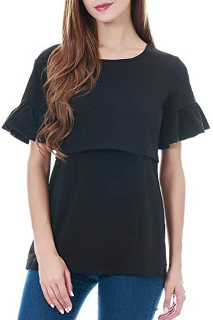 Smallshow Women s Ruffle Short Sleeve Maternity Nursing Tops for Breastfeeding Medium Black