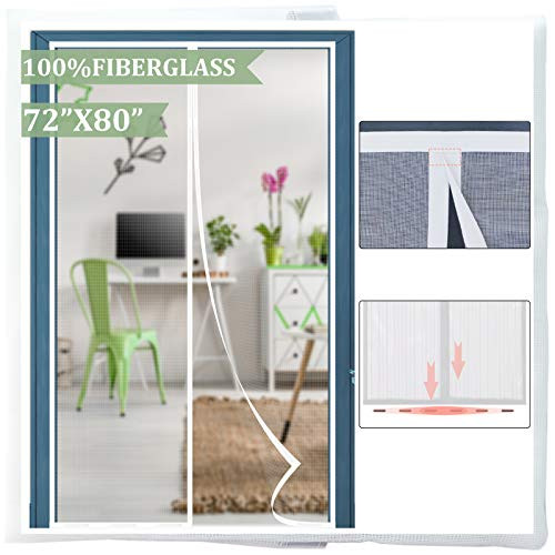 Magnetic Screen Door 72 x80  Reinforced Fiberglass French Door Screen with Magnets Retractable Double Door Screen Magnetic Closure for Sliding Door Fits Door Size up to 70 x79  Max  White by Dysome