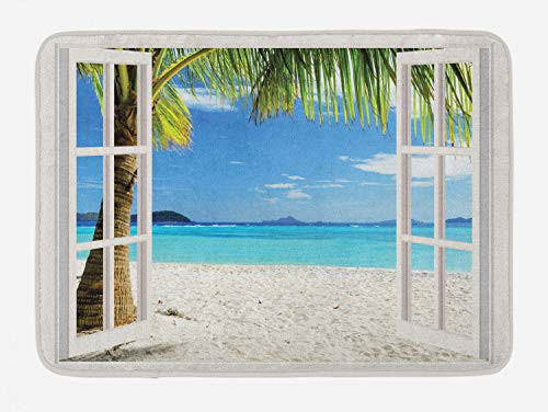 Ambesonne Turquoise Bath Mat, Tropical Palm Trees on Island Ocean Beach Through White Wooden Windows, Plush Bathroom Decor Mat with Non Slip Backing, 29.5 W X 17.5 L Inches, Blue Green and White