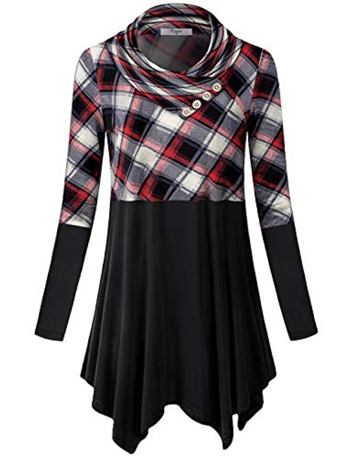 Cestyle Winter Clothes for Women Girls Long Sleeve Cowl Neck Sweaters Juniors Color Block Pullover Sweatshirts Pleats Front Flowy Plaid Embellished Tunic Tops with Buttons Embellished Plaid Medium