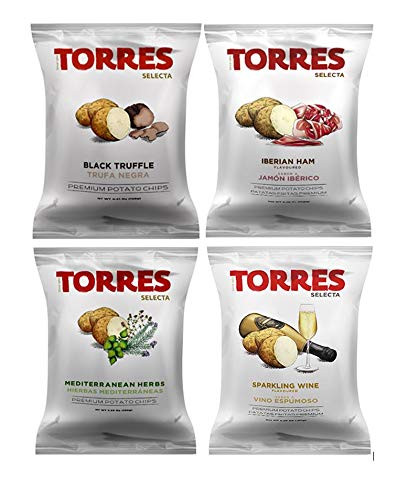 Torres Spanish Papas Fritas Potato Chips 4 Flavor Variety Pack Black Truffle  Mediterranean Herb  Sparkling Wine  Iberico Ham  4