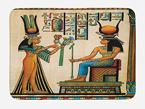 Ambesonne Egyptian Bath Mat, Old Egyptian Papyrus Depicting Queen Nefertari with Historical Empire Artwork, Plush Bathroom Decor Mat with Non Slip Backing, 29.5 W X 17.5 L Inches, Multicolor