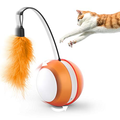Feltom Cat Interactive Toys Electronic Cat Ball with LED Light and Feather  360 Degree Automatic Self Rolling Ball Kitten Toys Entertainment Hunting Exercise  Large Capacity Battery  Orange