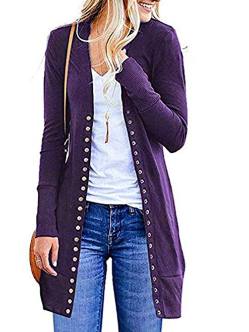 Famulily Womens Long Sleeve Snap Button Down Solid Color Knit Ribbed Neckline Cardigans Sweater Purple M