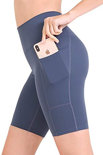 FANDIMU Women s Athletic High Waist Workout Yoga Shorts Run Tummy Control Pocket Compression Biker Shorts Blue M