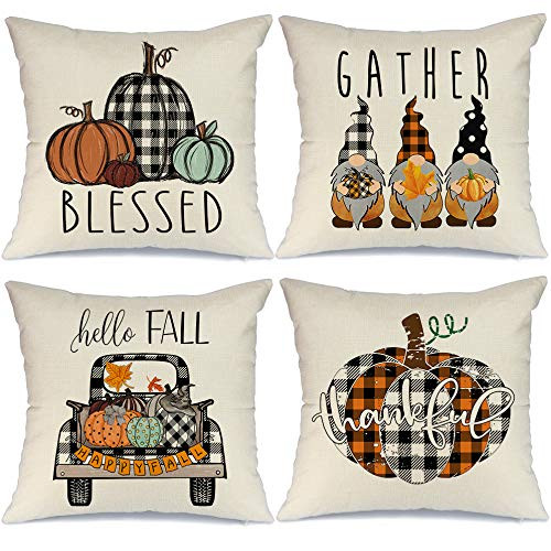 AENEY Fall Pillow Covers 18x18 Set of 4 for Fall Decor Farmhouse Thanksgiving Buffalo Check Plaid Gnomes Pumpkin Outdoor Fall Pillows Decorative Throw Pillows Autumn Cushion Cases for Couch 1015bz18