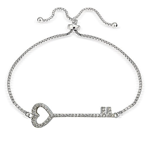 Hoops   Loops Sterling Silver Cubic Zirconia Heart Key Pullstring Adjustable Bracelet
