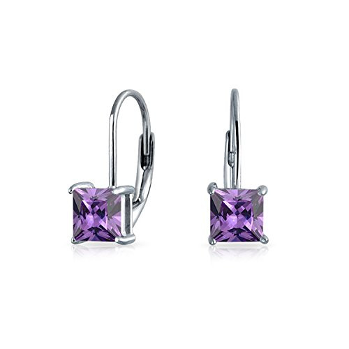 1Ct Purple Brilliant Princess Cut Solitaire Square CZ Leverback Drop Earrings Simulated Amethyst 925 Sterling Silver