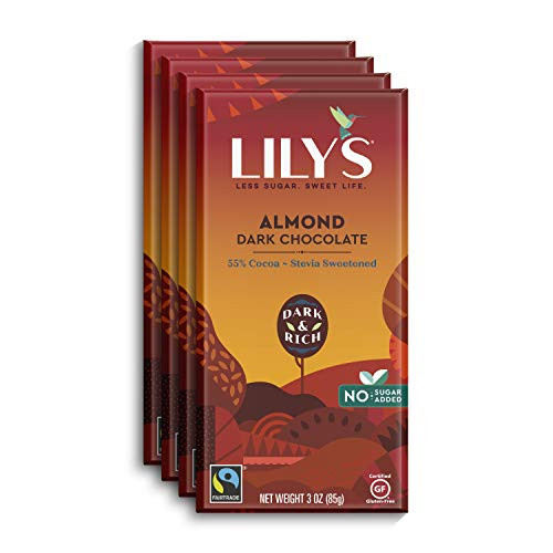 Almond Dark Chocolate Bar by Lily s   Stevia Sweetened  No Added Sugar  Low Carb  Keto Friendly   55 Cocoa   Fair Trade  Gluten Free   Non GMO   3 ounce  4 Pack
