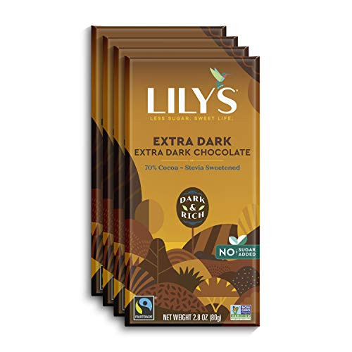 Extra Dark Chocolate Bar by Lily s   Stevia Sweetened  No Added Sugar  Low Carb  Keto Friendly   70 Cocoa   Fair Trade  Gluten Free   Non GMO   2 8 ounce  4 Pack