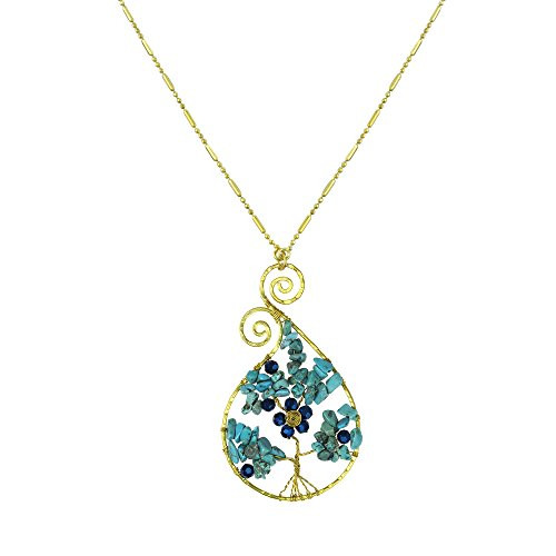 AeraVida Simulated Turquoise Tree of Life Raindrop Swirl Brass Pendant Necklace