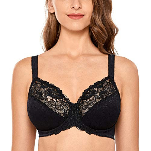DELIMIRA Women s Lace Sheer Plus Size Unlined Underwire Full Coverage Bra Black 36D