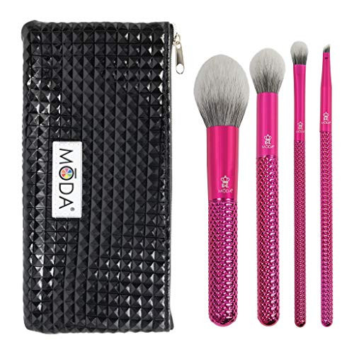 MODA Full Size Metallic Picture Perfect 5pc Makeup Brush Set with Pouch  Includes   Blush  Contour  Shader  Angle Liner Brushes  Metallic Pink