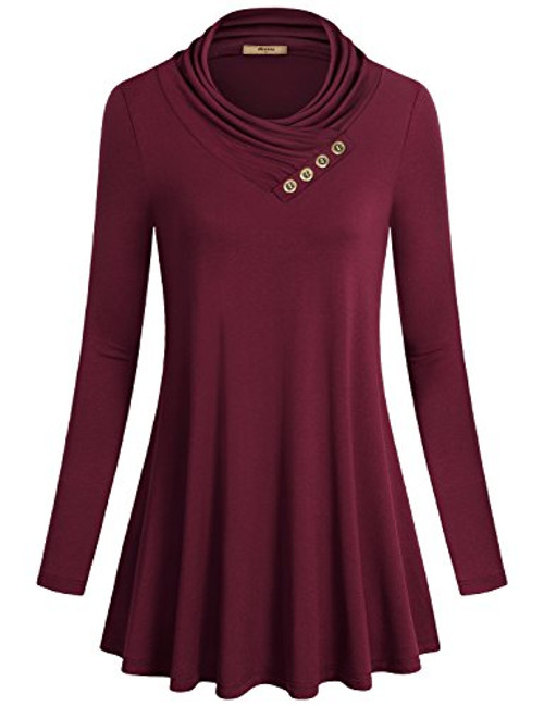 Miusey Womens Tunic Shirts Long Sleeve Cowl Neck Flared Vintage A Line Loose Fit Shirt Casual Top Wine Red XX Large
