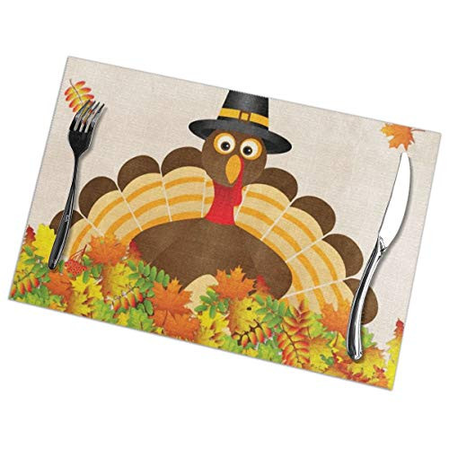 Fall Leaves Happy Thanksgiving Turkey Placemats Set of 6  Non Slip Washable Table Place Mats for Kitchen Dining  12 X 18 Inch