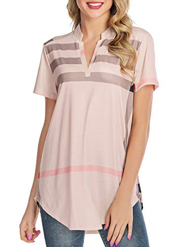 St  Jubileens Women Roll Up Short Sleeve Plaid Shirt Tunic V Neck Casual Pullover Blouses Tops L Apricot