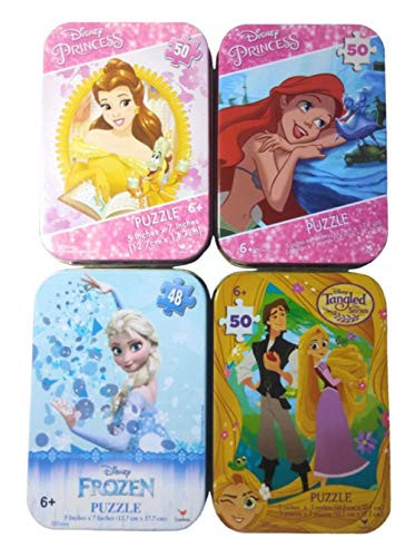 4 Collectible Tin Puzzles for Girls Ages 5+ 6+ Disney Tangled Rapunzel, Frozen Elsa, The Little Mermaid and Belle (48-50 Pieces) Gift Set Bundle - TG-p2