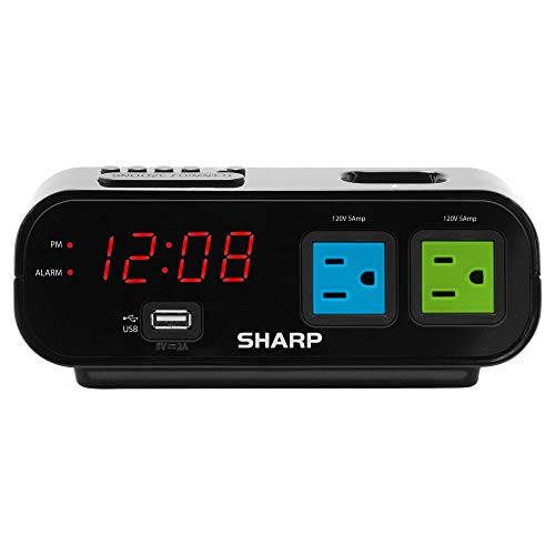 Sharp Digital Alarm Clock with 2X Power Outlets and Rapid Charge USB Port - Blue and Green Outlets