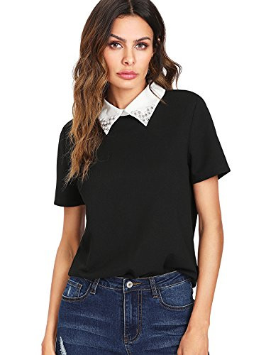 Romwe Women s Cute Contrast Collar Short Sleeve Casual Work Blouse Tops Black Large