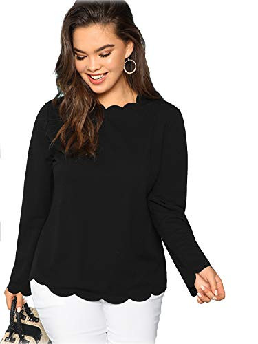 Romwe Women s Long Sleeve Plus Size Tee Scallop Edge Blouse Top Black 2XL