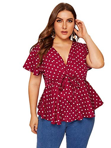 Romwe Womens Plus Size Polka Dots Knot Front Deep V Neck Short Sleeve Blouse Tops Red 4X Plus