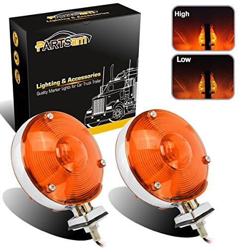 Partsam Waterproof 2x LED 4" Round Double-Face Stop/Turn/Tail Light Signal Park Pedestal Lights Assembly w/Chrome Reflector Amber 24 Diodes for Truck Trailer Peterbilt Freightliner Kenworth Mack