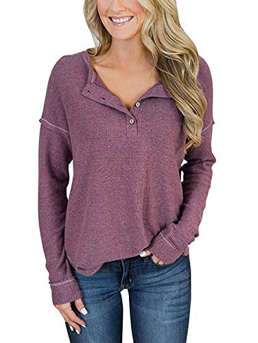 TEMOFON Women s Top Long Sleeve Waffle Knit Tops Casual Loose Fit Henley Shirts Tunic Blouse with Buttons Brick Purple S