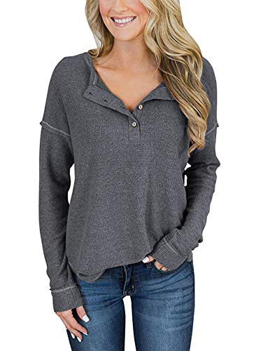TEMOFON Women s Top Long Sleeve Waffle Knit Tops Casual Loose Fit Henley Shirts Tunic Blouse with Buttons Dark Grey M