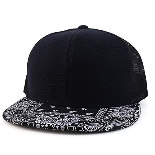 DECKY Paisley Bandana Print Flat Bill Trucker Mesh Snapback Cap   Black Black
