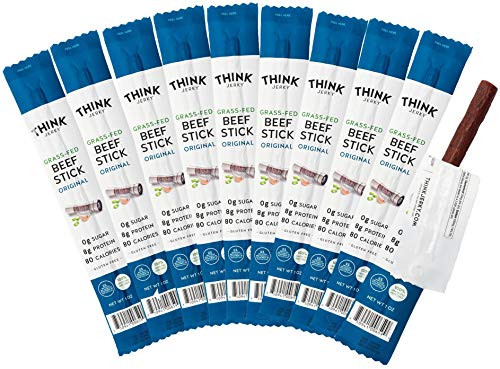 Original Grass Fed Beef Sticks by Think Jerky  Sugar Free  Gluten Free  Non GMO  No Nitrates Jerky Snack  Keto  Paleo  High Protein  Low in Carbs  1 oz  10 Pack