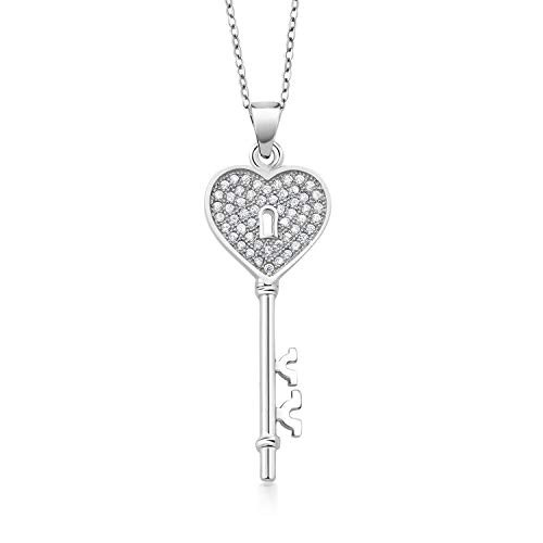 Gem Stone King Sterling Silver Cubic Zirconia CZ Heart Shape Key Pendant Necklace with 18 Inch Silver Chain