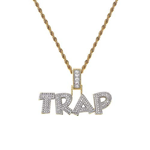 JINAO Hip Hop Rapper 18K Gold Plated Iced Out Cubic Zirconia TRAP Letters Pendant Necklace for Men with Solid Back JINAO Hip Hop Rapper 18K Gold Plated Iced Out Cubic Zirconia TRAP Letters Pendant Necklace for Men with Solid Back
