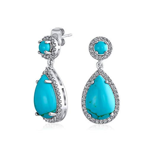 Fashion Simulated Turquoise Teardrop Cubic Zirconia Halo Pave CZ Dangle Statement Earrings For Women Silver Plated Brass