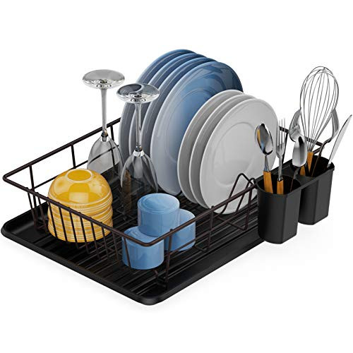 Dish Drying Rack  Warmfill Small Dish Drainer for Kitchen Counter  Rustproof Dish Rack and Drainboard Set with Removable Utensil Holder  Countertop or In Sink Drying Rack  Bronze