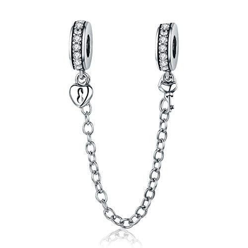 ABAOLA Heart Safety Chain Charm 925 Sterling Silver Beads fit Pandora Charms Bracelet   Necklace  Heart   Key Safety Chain